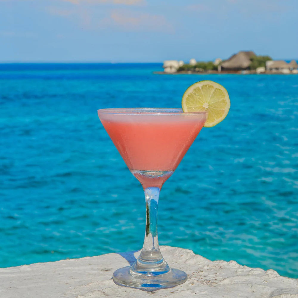 Pink cocktail with a lemon wheel on a stone ledge with a blue ocean and sky background