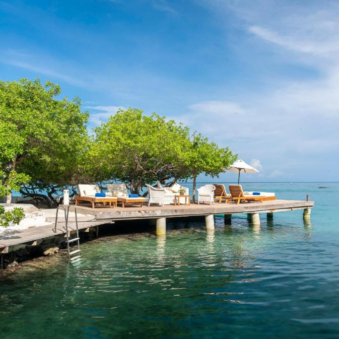 Dock with outdoor furniture by a body of water, surrounded by greenery and clear blue sky.