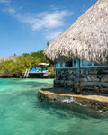 Thatched-roof hut by a turquoise ocean with lush greenery in the background