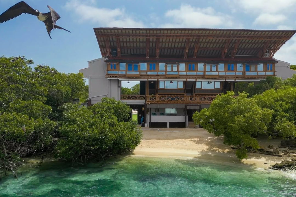 Modern building with wooden accents by a tropical beach with clear blue water and greenery.