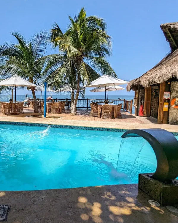 Pool area with palm trees, lounge chairs, and a thatched-roof structure on a sunny day.