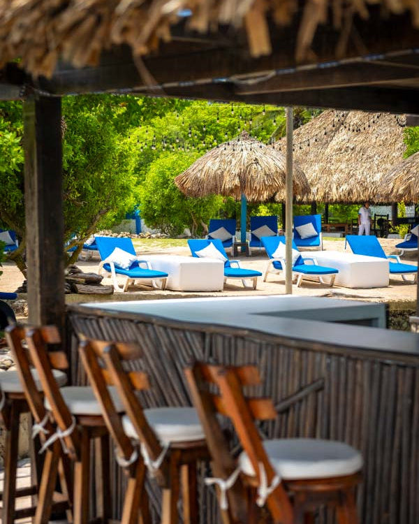 Outdoor seating area with wooden chairs and thatched umbrellas in a tropical setting.